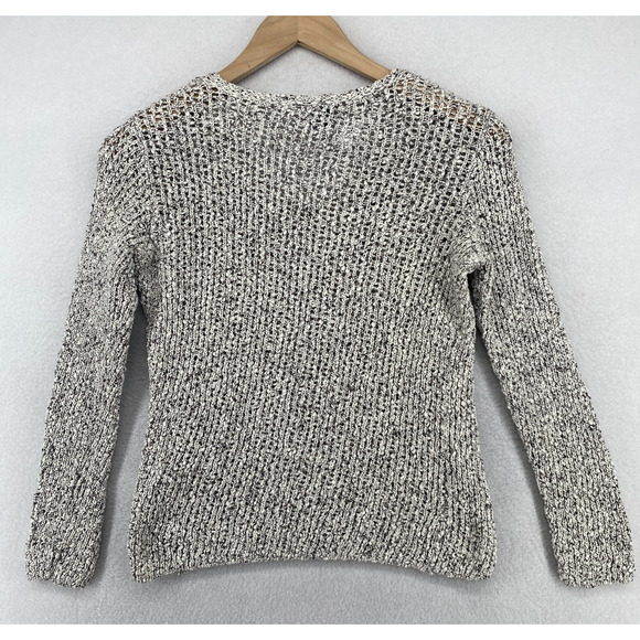 EILEEN FISHER Sweater S Cotton Marled Crochet Top V-Neck Pullover Black White - Picture 3 of 11